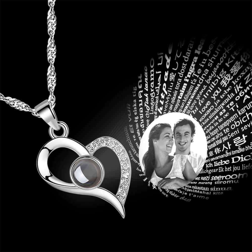Personalized Photo With 100 Languages Says I Love You Projection Necklace Love Your Heart Silver
