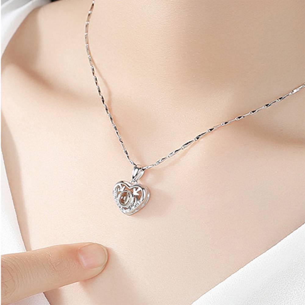 I Love You Necklace in 100 Languages Projection Photo Engraved Necklace Heart with Antlers Silver - myphotowalletukus