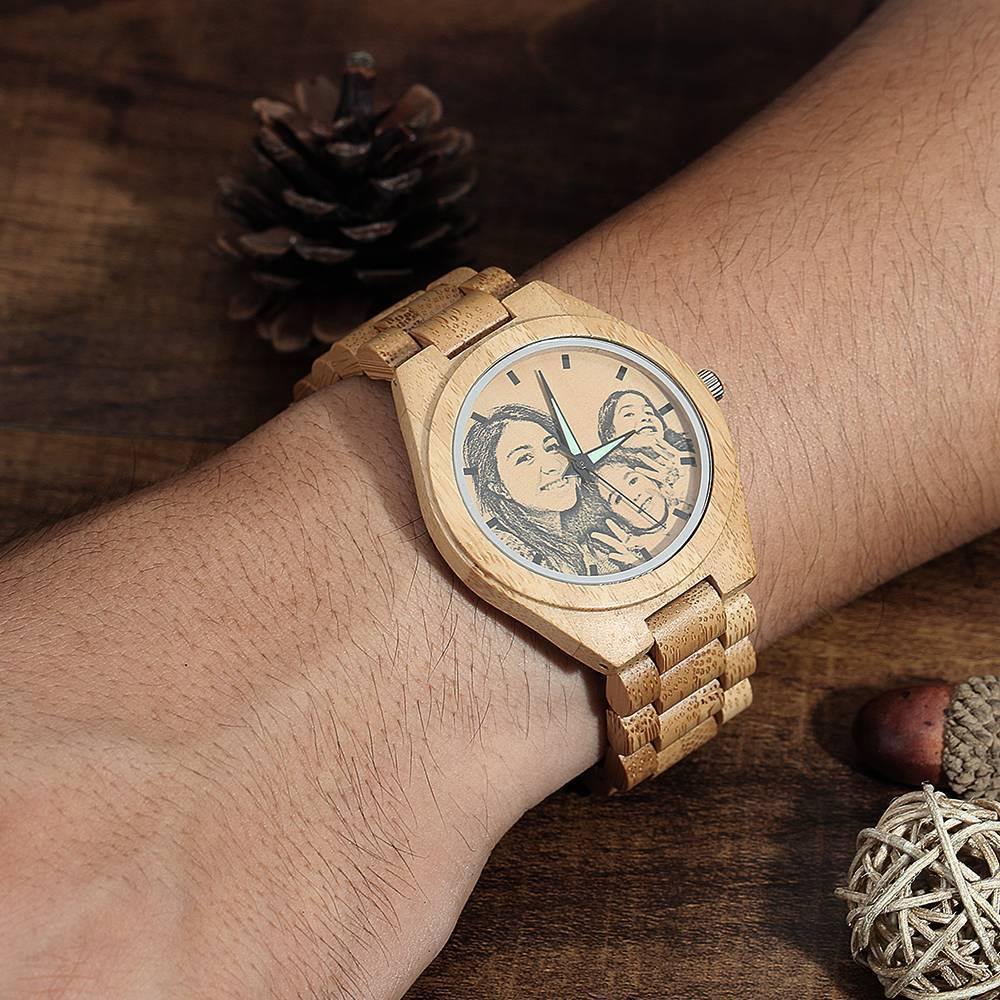 Men's Engraved Bamboo Photo Watch Wooden Strap 45mm - photowatch