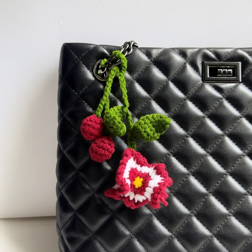 Crochet Cherry Car Mirror Hanging: Handmade Knitted Car Accessory - 