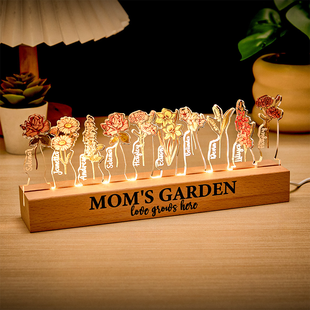 Custom Mom's Garden Love Grows Here Birth Flower Wood Night Light Unique Gifts for Grandma Mother Lamp