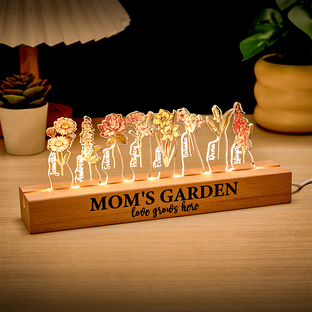 Custom Mom's Garden Love Grows Here Birth Flower Wood Night Light Unique Gifts for Grandma Mother Lamp