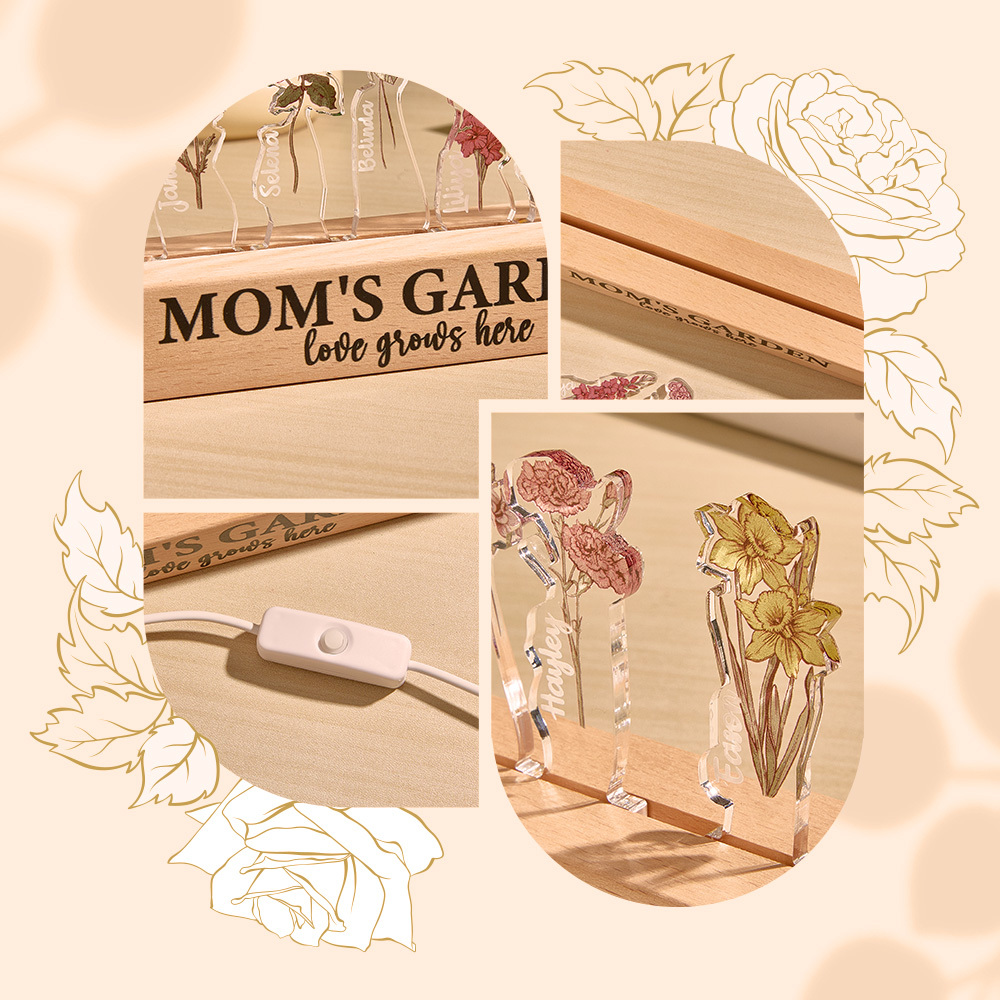 Custom Mom's Garden Love Grows Here Birth Flower Wood Night Light Unique Gifts for Grandma Mother Lamp