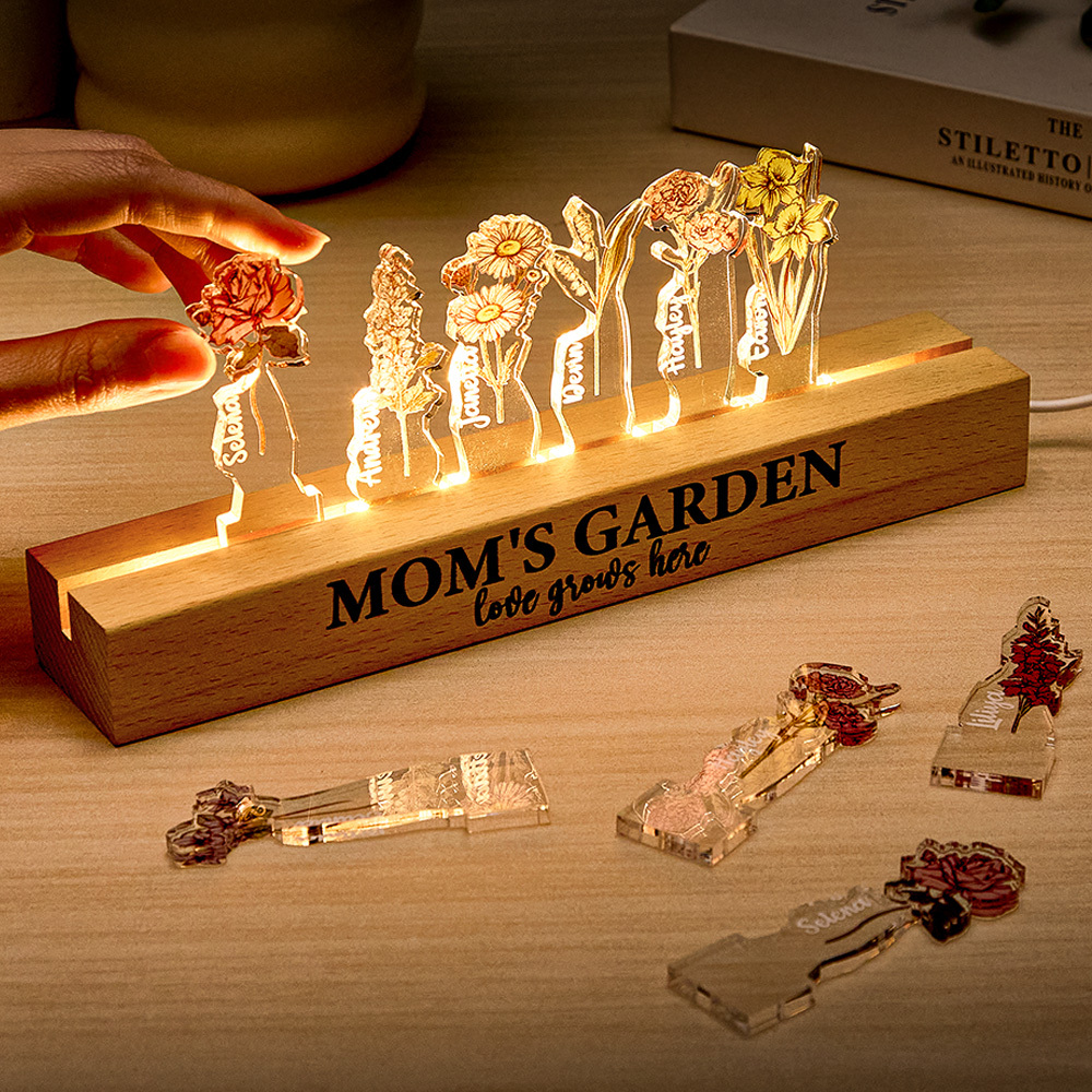 Custom Mom's Garden Love Grows Here Birth Flower Wood Night Light Unique Gifts for Grandma Mother Lamp