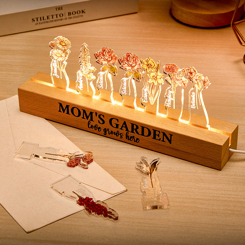 Custom Mom's Garden Love Grows Here Birth Flower Wood Night Light Unique Gifts for Grandma Mother Lamp