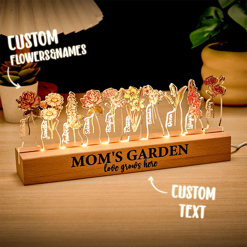Custom Mom's Garden Love Grows Here Birth Flower Wood Night Light Unique Gifts for Grandma Mother Lamp