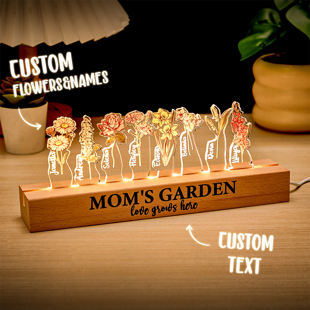 Custom Mom's Garden Love Grows Here Birth Flower Wood Night Light Unique Gifts for Grandma Mother Lamp