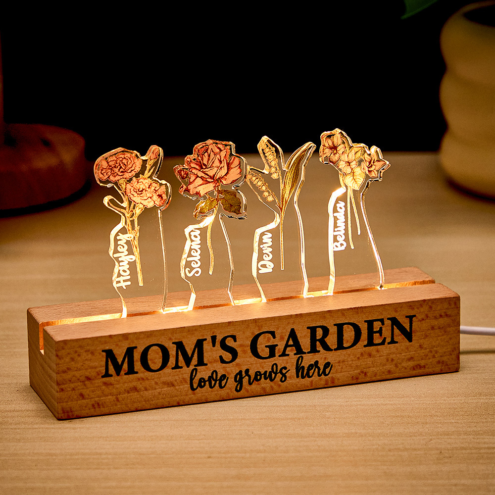 Custom Mom's Garden Love Grows Here Birth Flower Wood Night Light Unique Gifts for Grandma Mother Lamp