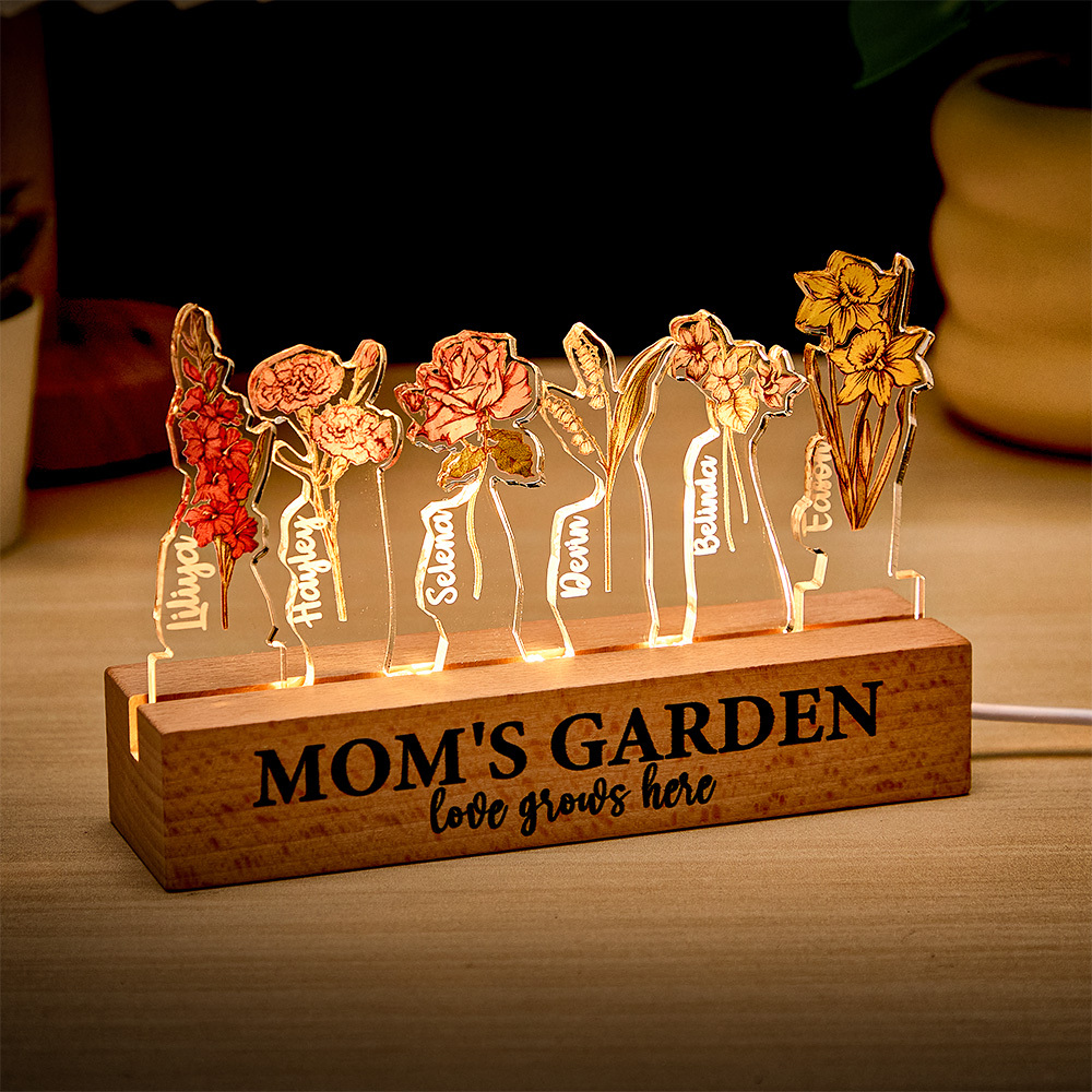 Custom Mom's Garden Love Grows Here Birth Flower Wood Night Light Unique Gifts for Grandma Mother Lamp