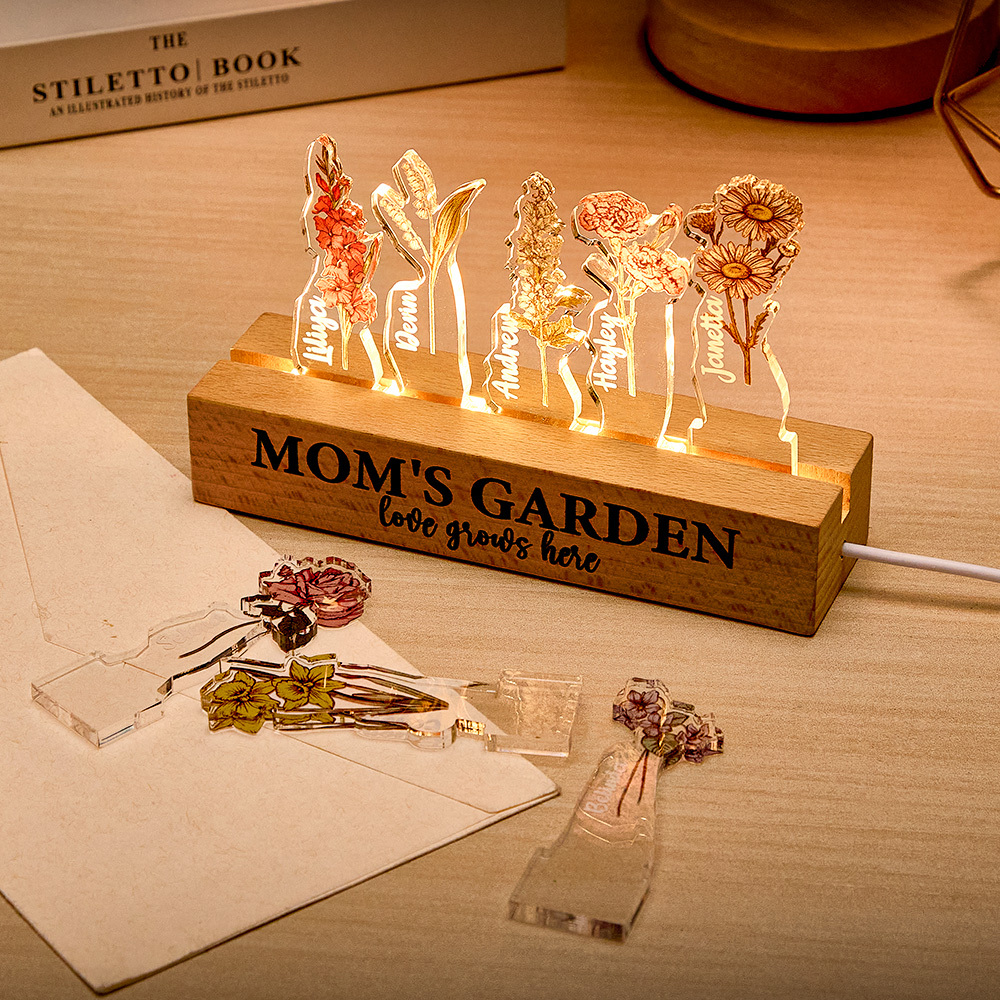 Custom Mom's Garden Love Grows Here Birth Flower Wood Night Light Unique Gifts for Grandma Mother Lamp