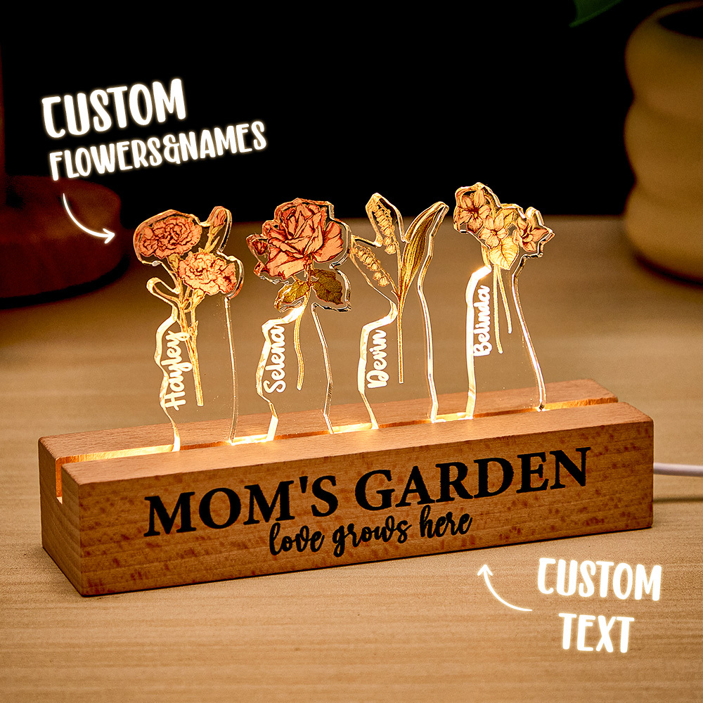 Custom Mom's Garden Love Grows Here Birth Flower Wood Night Light Unique Gifts for Grandma Mother Lamp