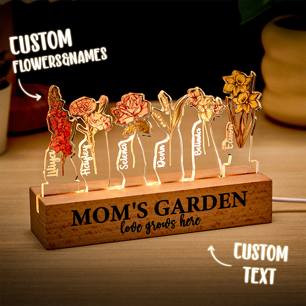 Custom Mom's Garden Love Grows Here Birth Flower Wood Night Light Unique Gifts for Grandma Mother Lamp