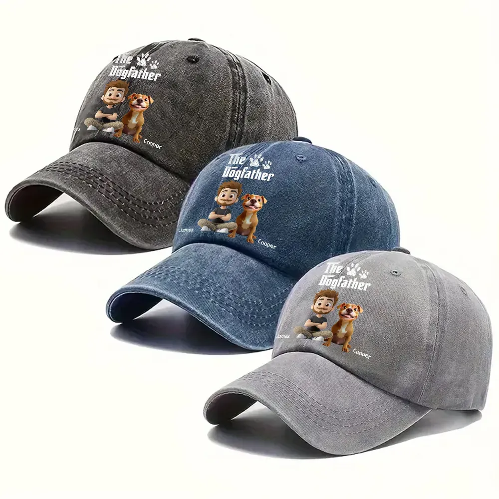 Cool Dog Father - Personalized Custom Vintage Washed Denim Cap - 