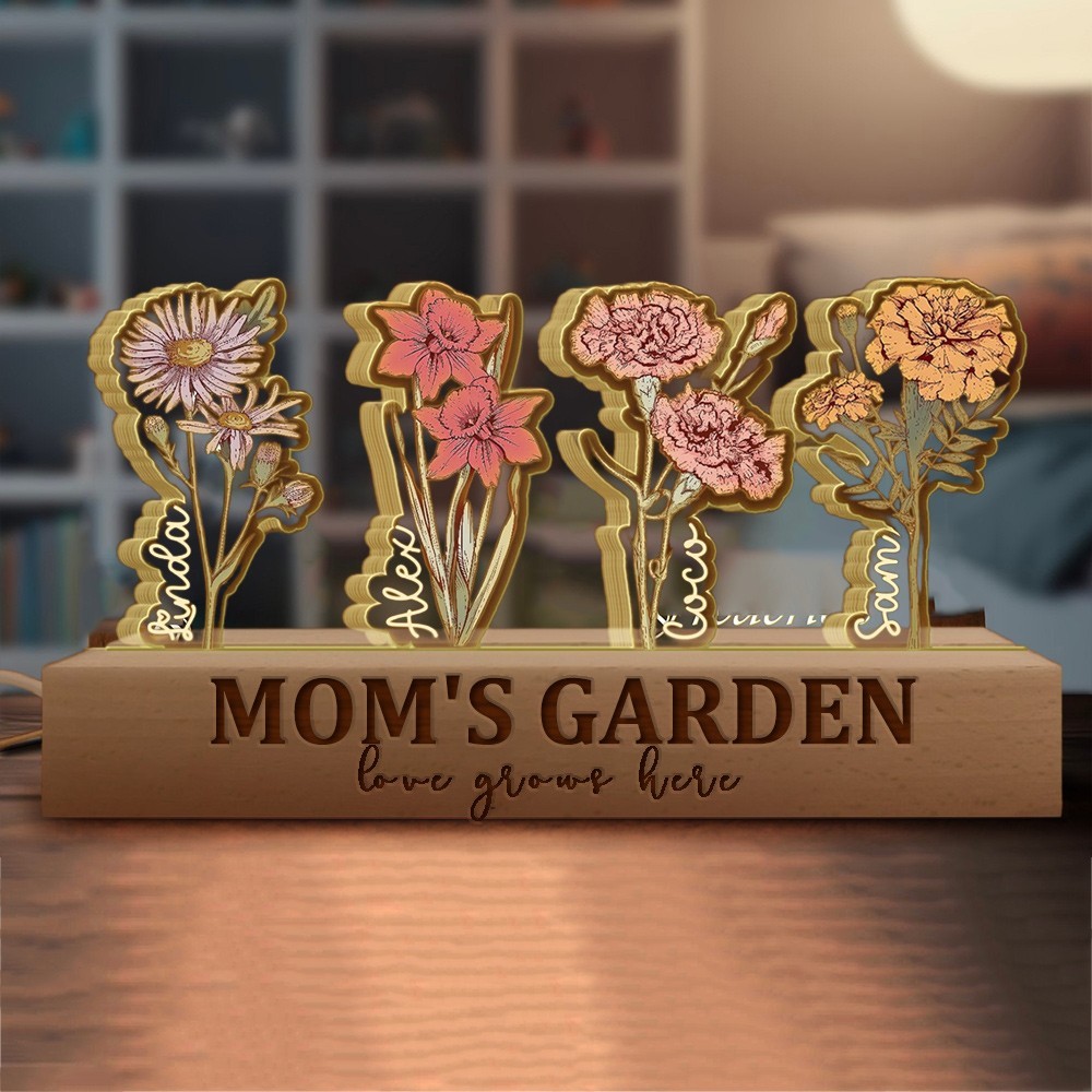 Custom Grandma's Garden Love Grows Here Birth Flower Wood Night Light