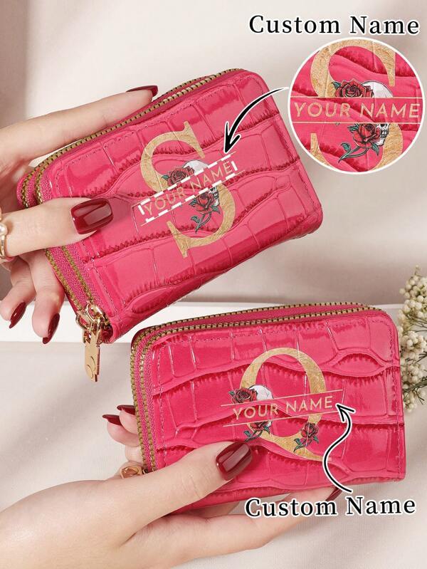 Customized Exclusive Signature Exquisite Wallet, Personalized Signature Design Wallet, Customized Exclusive Crocodile Pattern Letter Flower Fashionable Multi Slot Large Capacity Double Zipper Card Bag