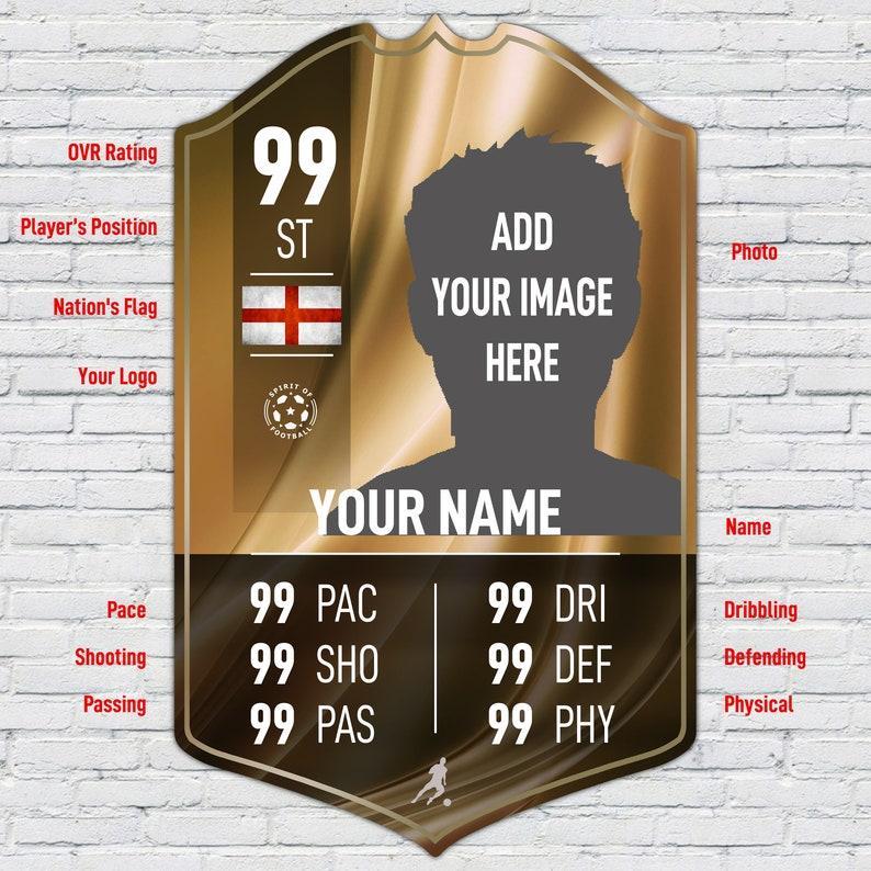 Personalised Football Cup Player Stats Card Sign With Choice of Background - Printed Metal Shield Sign Wall Art A4 Player Add Name