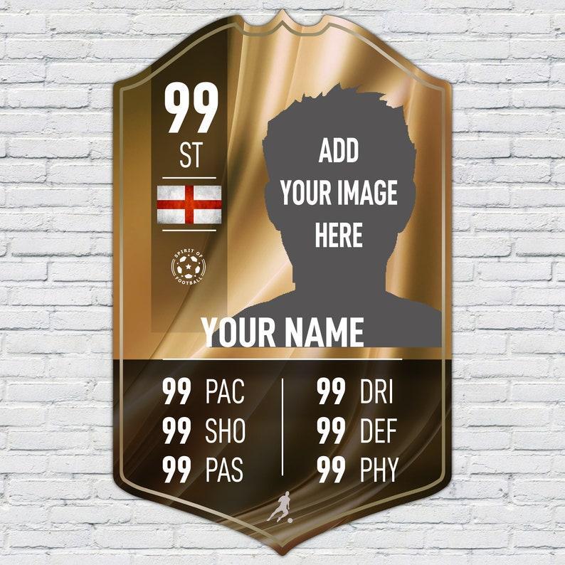 Personalised Football Cup Player Stats Card Sign With Choice of Background - Printed Metal Shield Sign Wall Art A4 Player Add Name