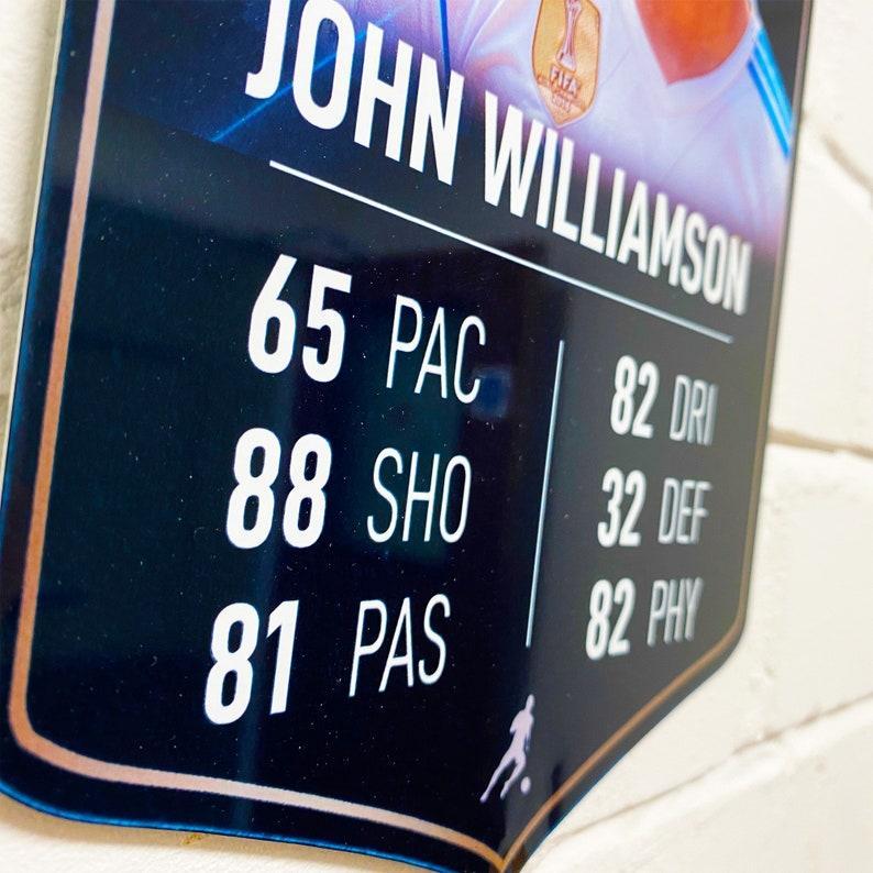 Personalised Football Cup Player Stats Card Sign With Choice of Background - Printed Metal Shield Sign Wall Art A4 Player Add Name