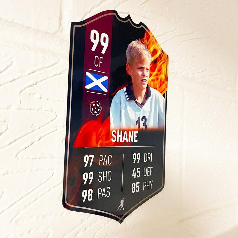 Personalised Football Cup Player Stats Card Sign With Choice of Background - Printed Metal Shield Sign Wall Art A4 Player Add Name