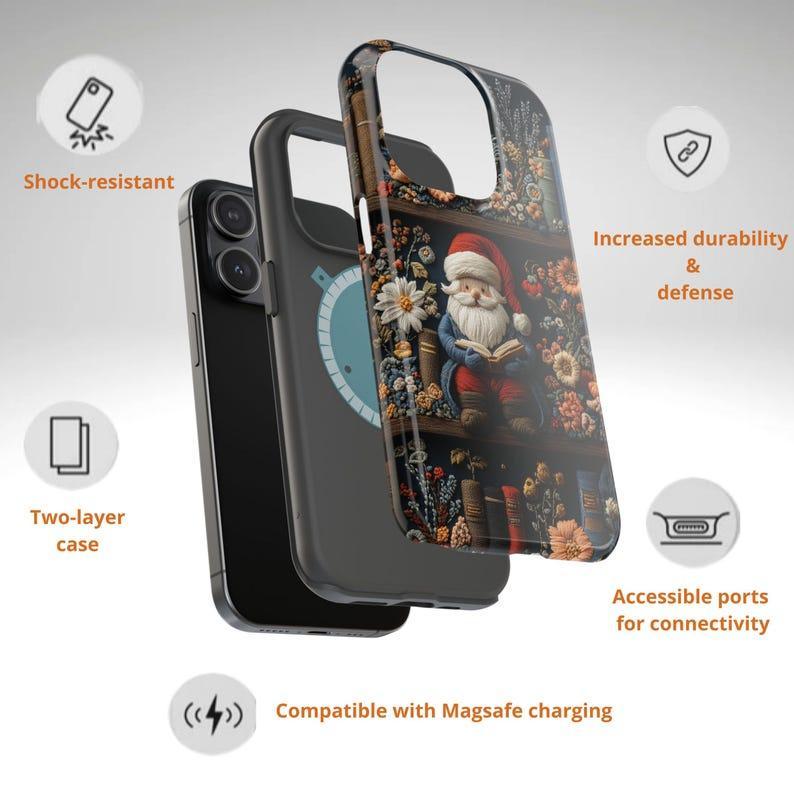 Cute Bookish Santa Phone Case,Whimsical Christmas iPhone MagSafe,Santa on bookshelf phone case,Faux embroidery Santa phone case,magsafe case