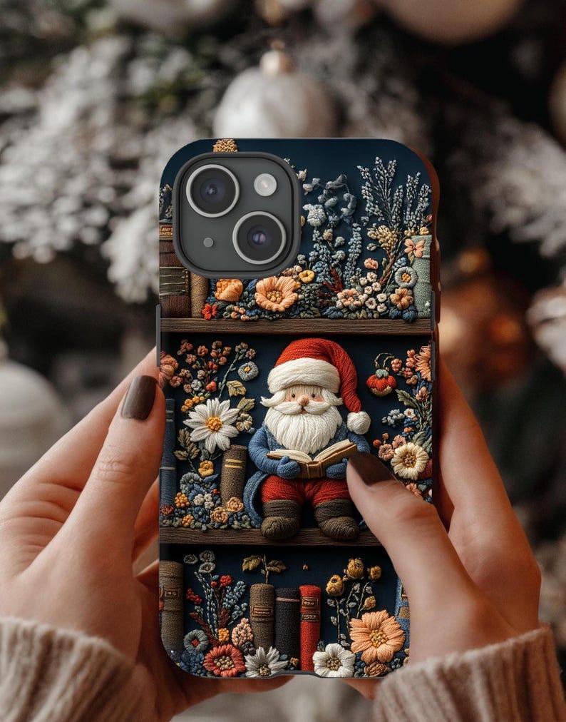 Cute Bookish Santa Phone Case,Whimsical Christmas iPhone MagSafe,Santa on bookshelf phone case,Faux embroidery Santa phone case,magsafe case