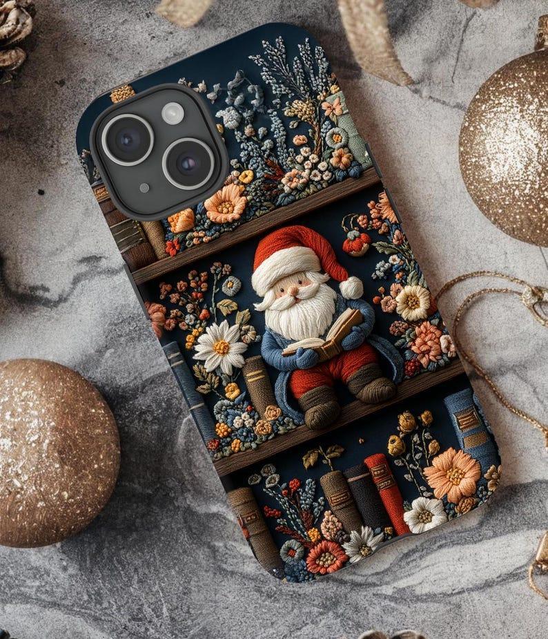 Cute Bookish Santa Phone Case,Whimsical Christmas iPhone MagSafe,Santa on bookshelf phone case,Faux embroidery Santa phone case,magsafe case
