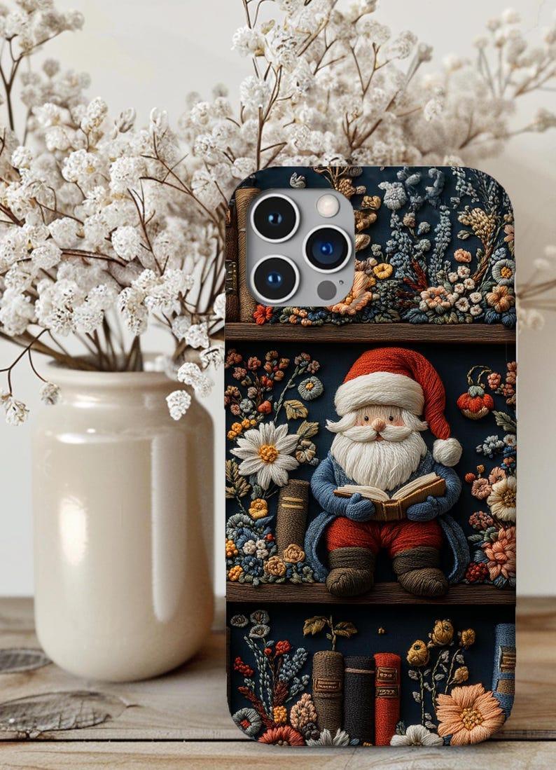 Cute Bookish Santa Phone Case,Whimsical Christmas iPhone MagSafe,Santa on bookshelf phone case,Faux embroidery Santa phone case,magsafe case