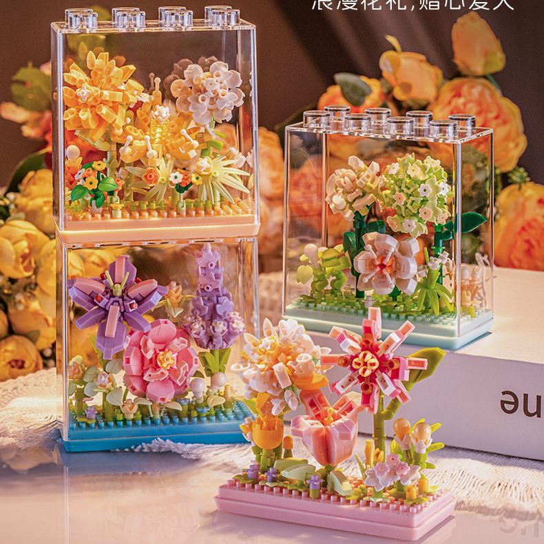 Mini Flower Building Blocks with Clear Display Case | DIY Blooming Décor Gift for Home & Holidays - 