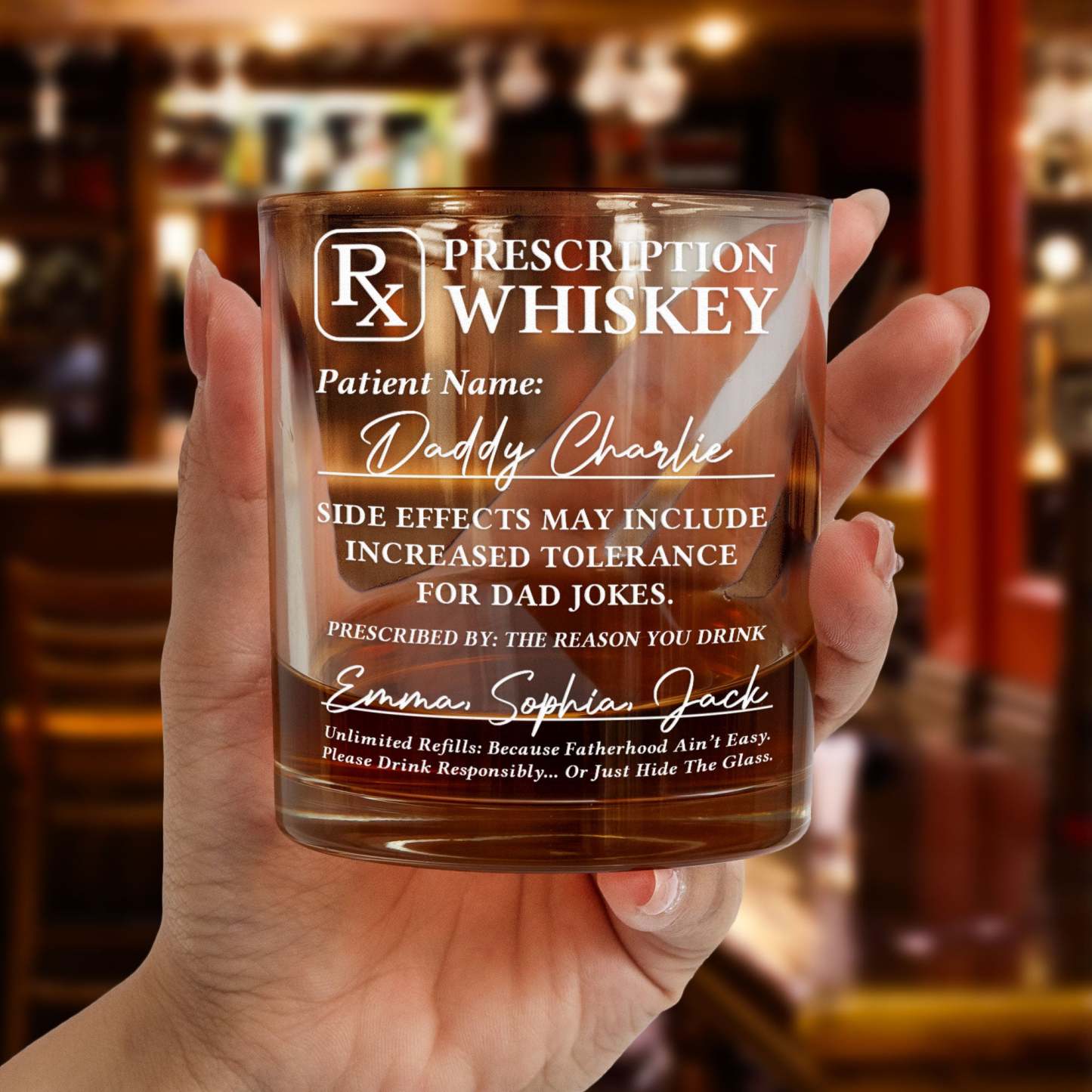 Rx Prescription Whiskey For Dad - Funny Gifts - Personalized Whiskey Glass