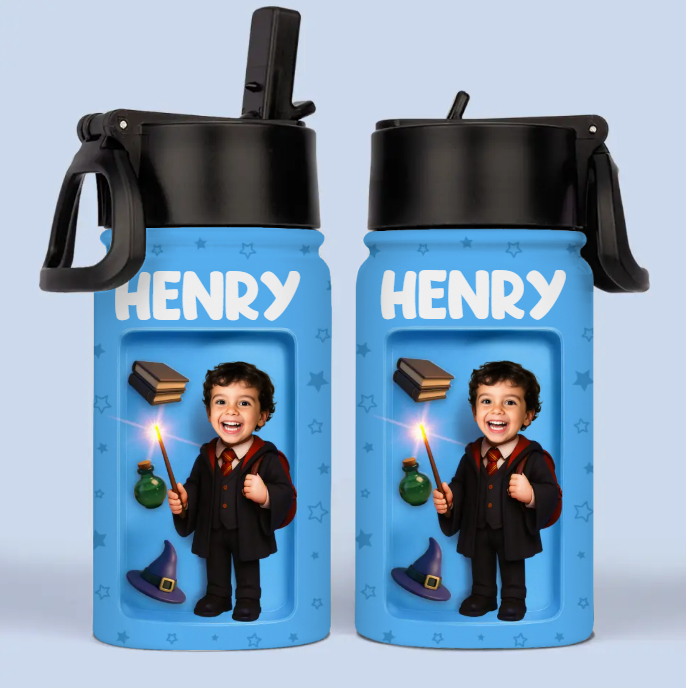 Custom Photo 3D Inflated Effect Printed Kids Water Bottle - Personalized Back To School Gifts For Kids - Ready To Cast Some Spells