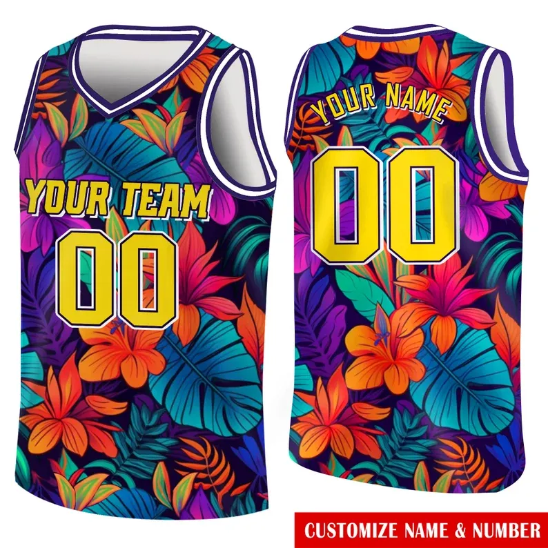 Custom 3D Pattern Tropical V Shape Hawaii Leaves Basketball Jersey With Name & Number -