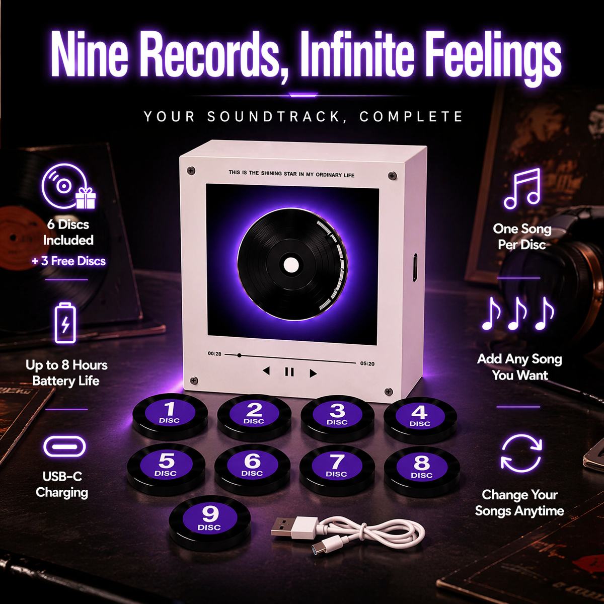 Custom Mini Vinyl Record Music Player With 9 Discs,  Magnetic Disc Music Player with Rechargeable Battery