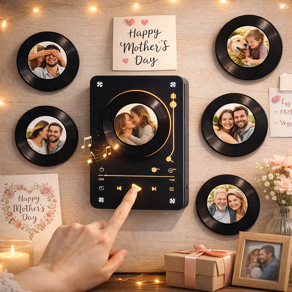 Personalized Vinyl Record Music Fridge Magnet – Custom Photo & Song Playback Magnet, Retro Music Wall Decor Gift for Couples & Family