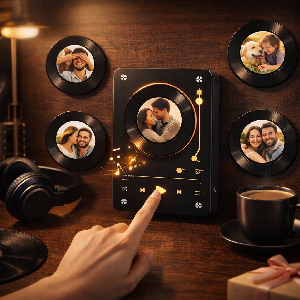 Personalized Vinyl Record Music Fridge Magnet – Custom Photo & Song Playback Magnet, Retro Music Wall Decor Gift for Couples & Family