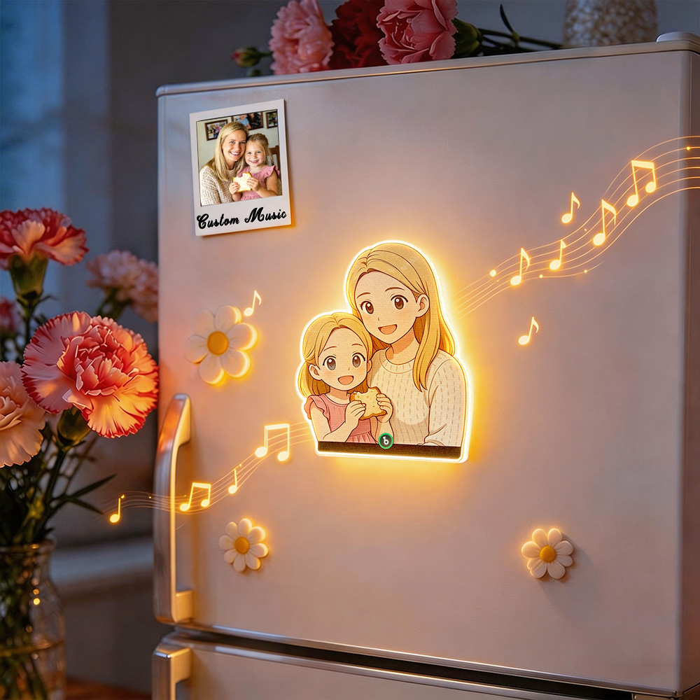 Custom Mother & Kids Photo Music Fridge Magnet with Light – Personalized Mother’s Day Memory Magnet Gift for Mom