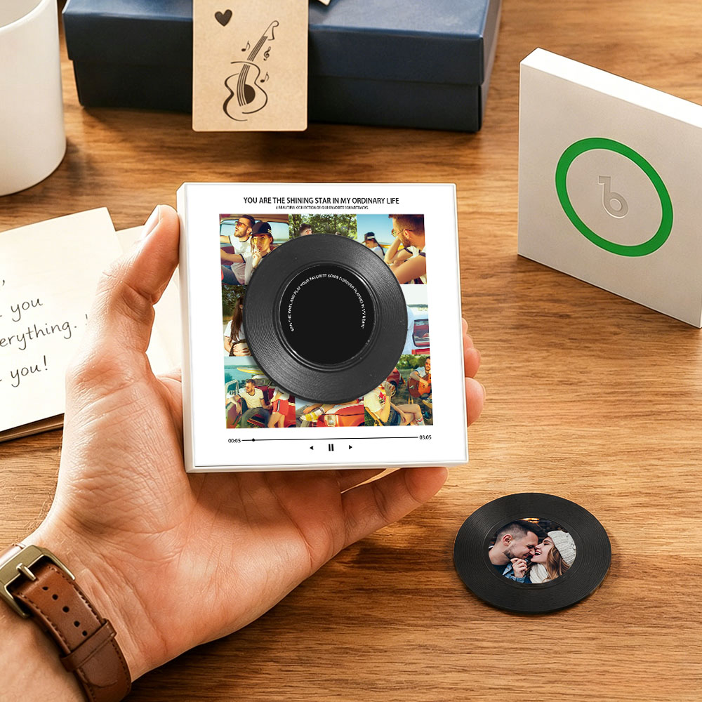 Personalized Vinyl Interactive Record Music Fridge Magnet – Custom Photo & Song Playback Magnet, Retro Music Wall Decor Gift for Couples Spinning Vinyl Disc Photo Frame & Night Light