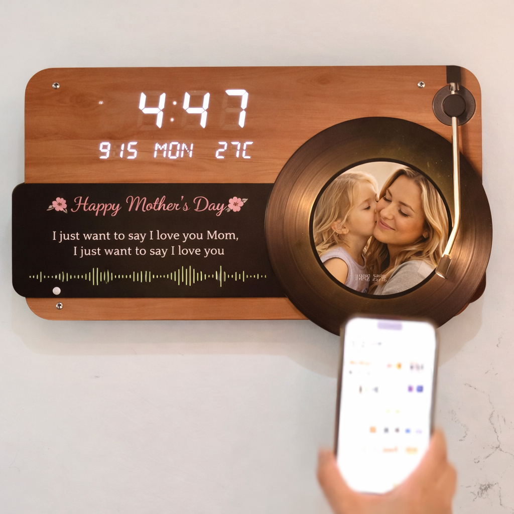 Personalized Mother’s Day Music Frame with NFC – Custom Photo Vinyl Record Clock, Tap to Play Song Gift for Mom