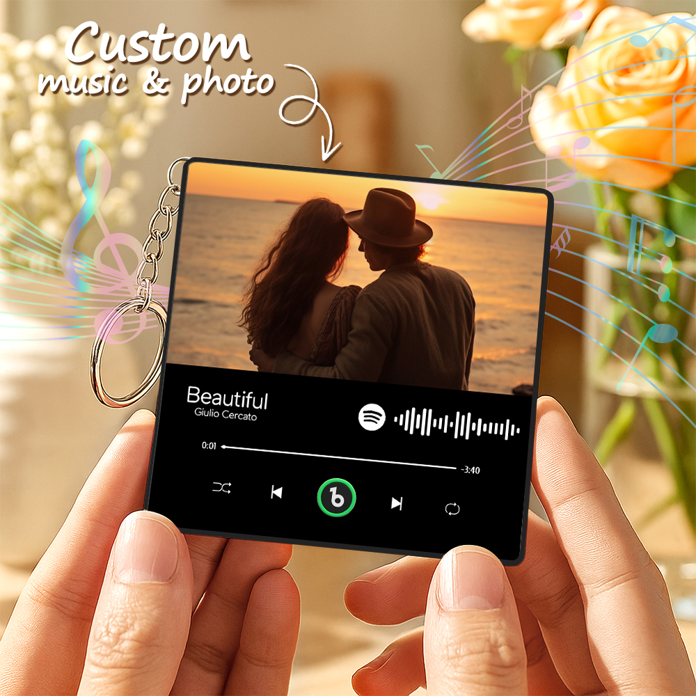 Personalized Photo Music Keychain Album Box Package Charm, Ready To Play Music Anniversary Gift - Fridgebeats