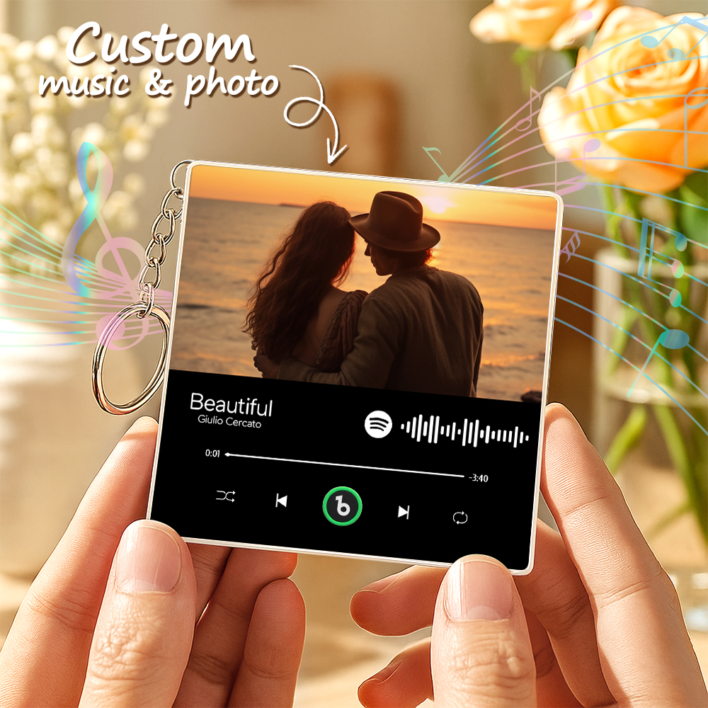 Personalized Photo Music Keychain Album Box Package Charm, Ready To Play Music Anniversary Gift - Fridgebeats