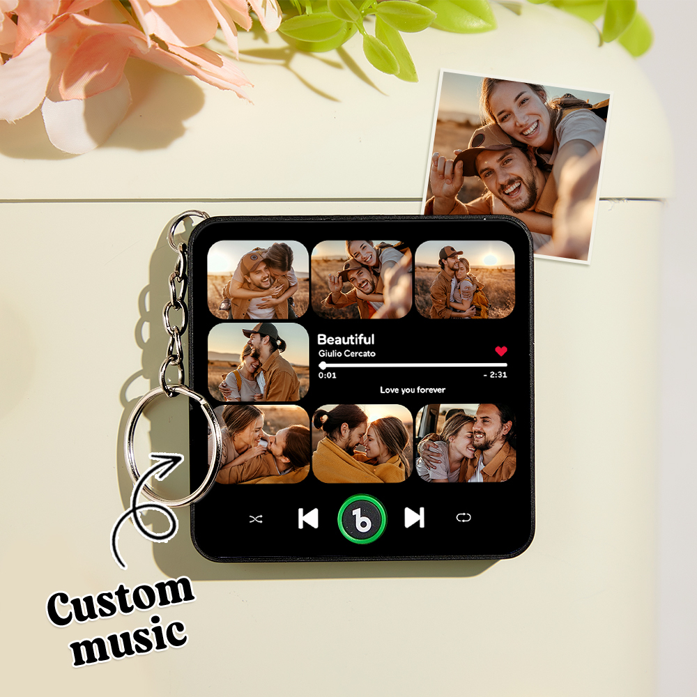 Custom Music & Multi Photo Mini Fridge Magnet Keychain Personalized Photo Song Magnet That Can Play Music Keyring Gifts Anniversary Gift for Couple