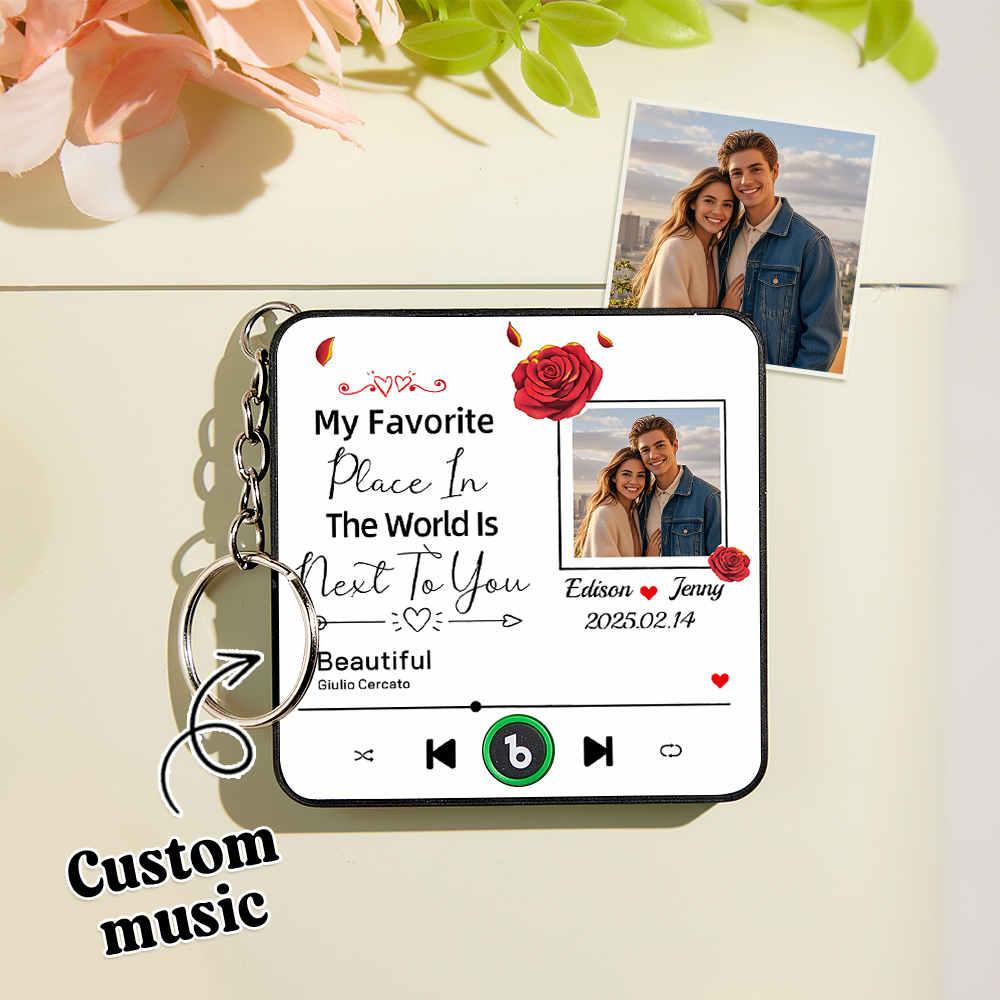 Custom Music Fridge Magnet Personalized Photo Refrigerator Magnet With Flower Pattern My Favorite Place In The World Is Next To You Gift for Couple