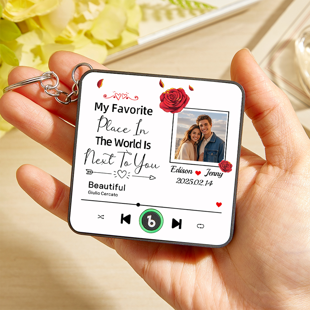 Custom Music Fridge Magnet Personalized Photo Refrigerator Magnet With Flower Pattern My Favorite Place In The World Is Next To You Gift for Couple