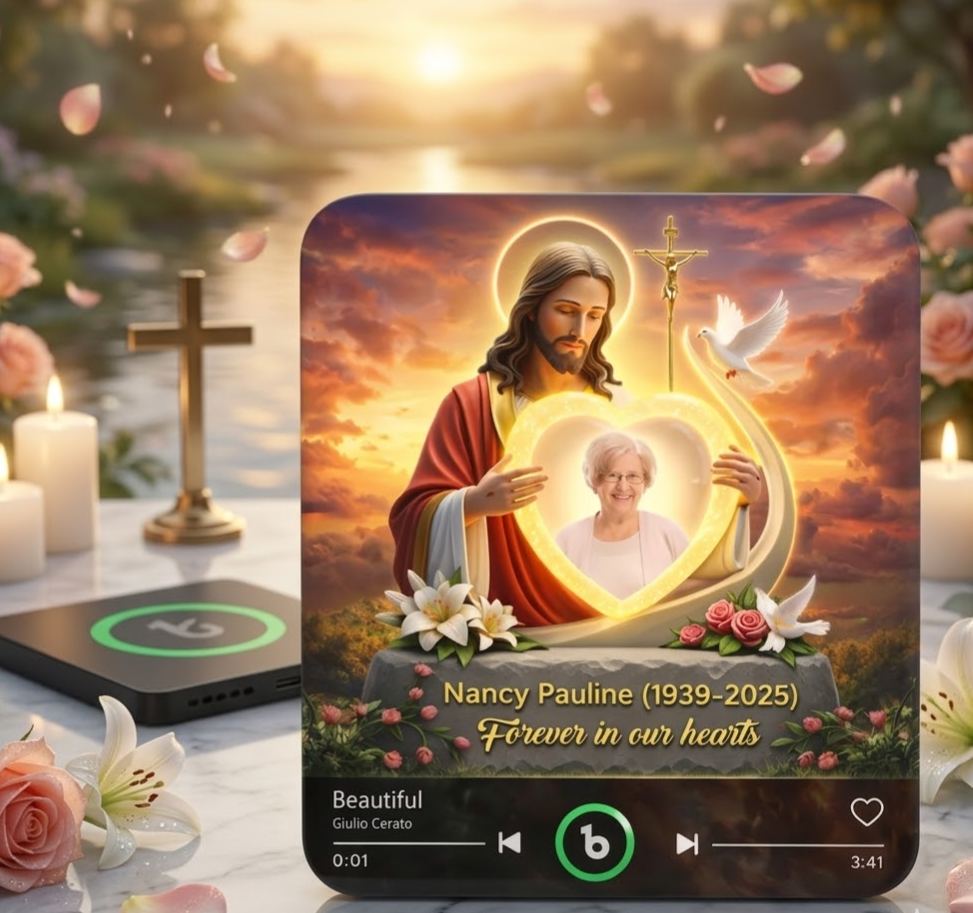 Personalized Memorial Music Fridge Magnet – Custom Photo Tribute Gift with Jesus Design, Forever in Our Hearts