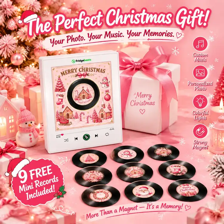 Christmas Gifts Fridgebeats V6.0 Christmas Personalized Photo & Music Vinyl Fridge Magnet with Rotating Record– Custom Records with Dynamic LED LightFridgebeats V6.0