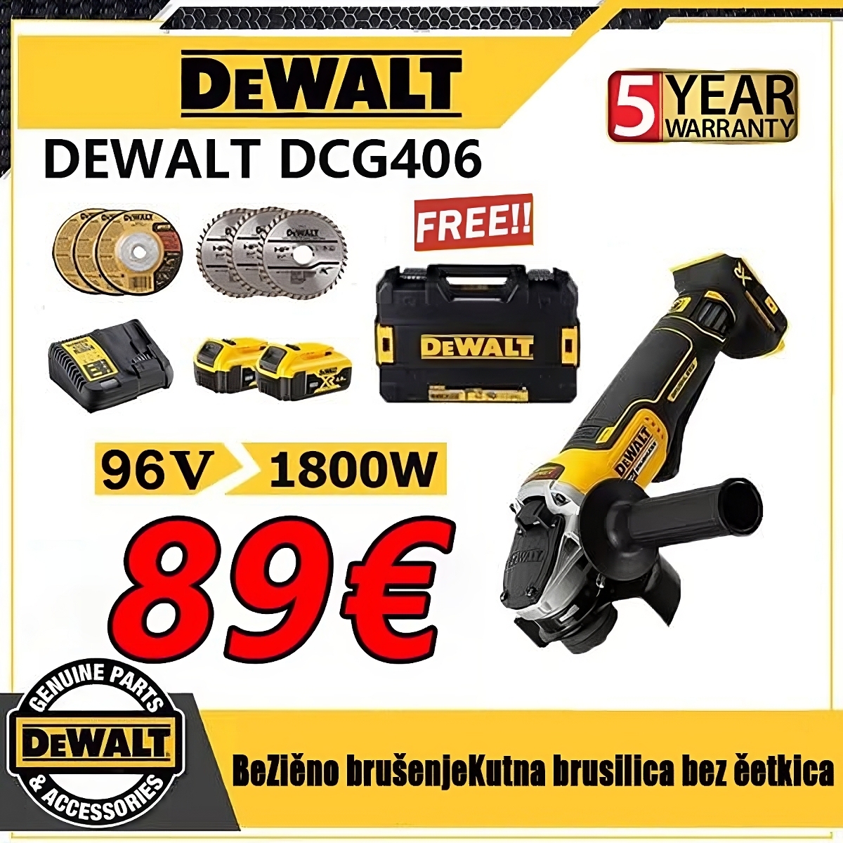 ✅Úhlová bruska DEWALT✅ lithium-iontová bezkartáčová frézovací ruční dobíjecí bruska DCG406✅ Objednejte nyní a získejte dárek + sadu nářadí ✅ 3letá záruka na produkt, na dobírku, doprava zdarma