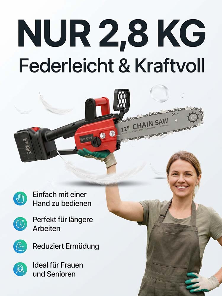 TÜV- und GS-zertifizierte, kabellose Kettensäge in deutscher Industriequalität – durchtrennt 50 cm Massivholz in nur 10 Sekunden, mit 10 Jahren Garantie