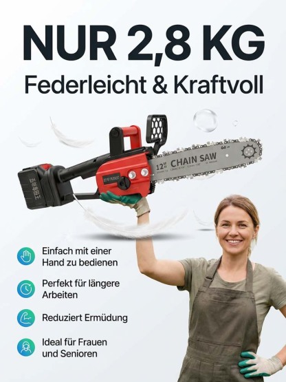 TÜV- und GS-zertifizierte, kabellose Kettensäge in deutscher Industriequalität – durchtrennt 50 cm Massivholz in nur 10 Sekunden, mit 10 Jahren Garantie