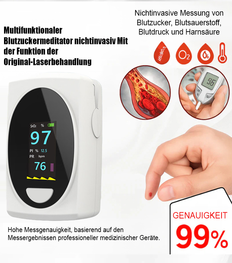 【99 % Genauigkeit – bei ungenauem Ergebnis 10-fache Geld-zurück-Garantie】Einmal kaufen, lebenslang kostenlose Blutzucker- und Sauerstoffmessung