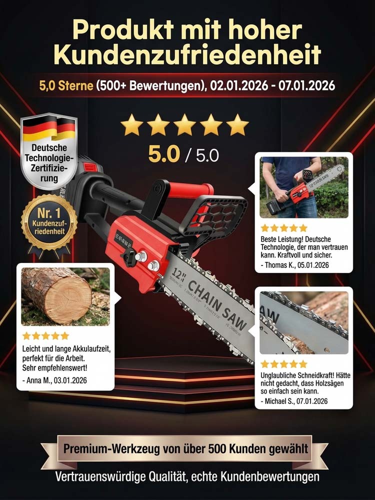 TÜV- und GS-zertifizierte, kabellose Kettensäge in deutscher Industriequalität – durchtrennt 50 cm Massivholz in nur 10 Sekunden, mit 10 Jahren Garantie
