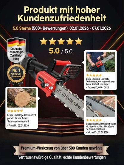 TÜV- und GS-zertifizierte, kabellose Kettensäge in deutscher Industriequalität – durchtrennt 50 cm Massivholz in nur 10 Sekunden, mit 10 Jahren Garantie